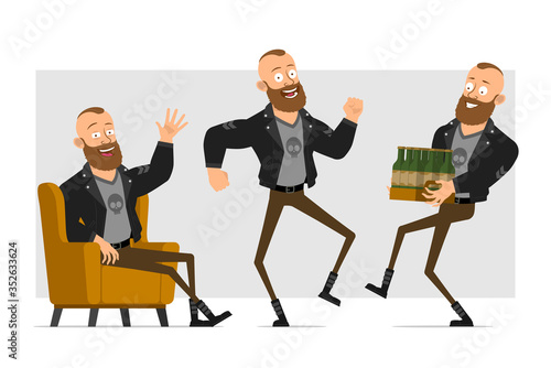 Cartoon flat strong bearded punk hooligan with mohawk in leather jacket. Ready for animation. Boy resting, jumping, dancing and carrying a lot of beer. Isolated on gray background. Vector icon set.