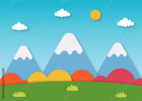 field landscape with mountain paper art style. vector Illustration.