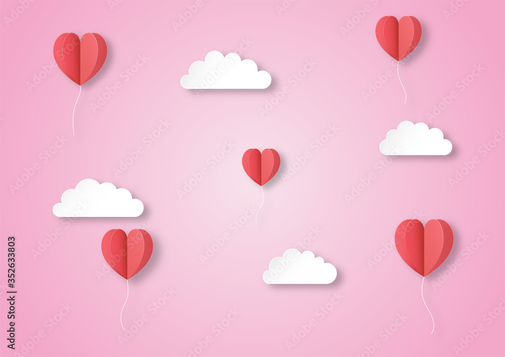 red balloon hearts flying in the air with clouds paper art style background. vector Illustration.
