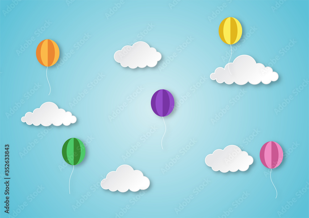 colorful balloon flying in the air with clouds paper art style background. vector Illustration.