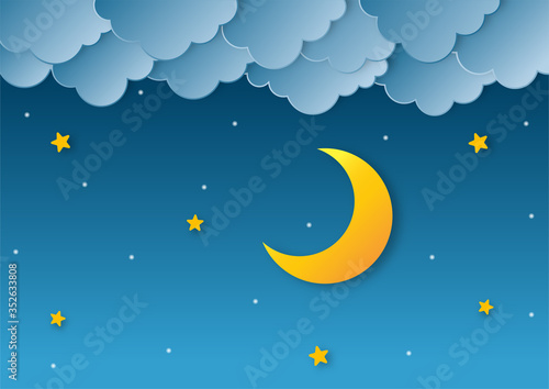 night sky. moon, stars and clouds in midnight. paper art style. vector Illustration.