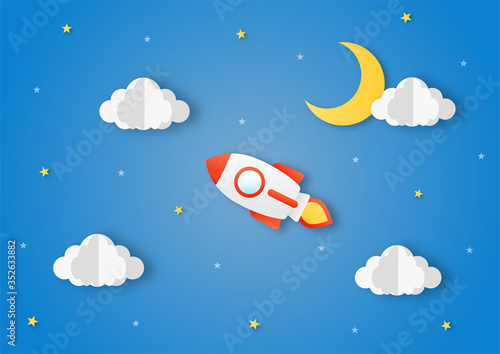 space night sky. moon, stars, clouds, rocket and clouds in midnight. paper art style. vector Illustration.