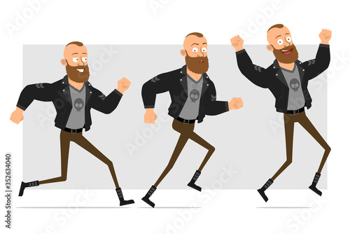 Cartoon flat funny strong bearded punk hooligan with mohawk in leather jacket. Ready for animation. Smiling boy walking, running and jumping. Isolated on gray background. Vector icon set.