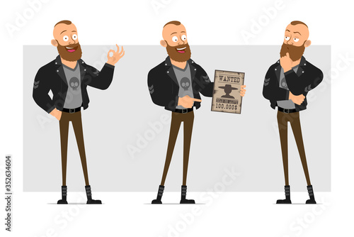 Cartoon flat funny strong bearded punk hooligan with mohawk in leather jacket. Ready for animation. Boy holding wanted sign and showing okay gesture. Isolated on gray background. Vector icon set.