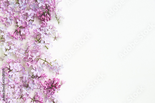 Flowers composition. lilac flowers on white background. Spring concept. Flat lay, top view copy space.