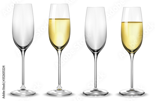 Full and empty white champagne glasses. Vector