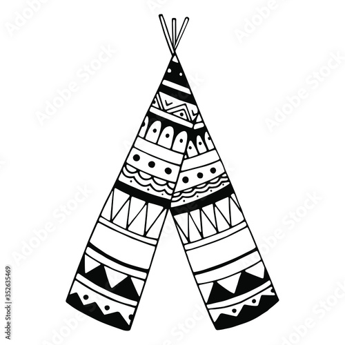 Cute hand drawn doodle illustration with wigwam in scandinavian style. Kids vector illustration for nursery poster, card, playroom decor.