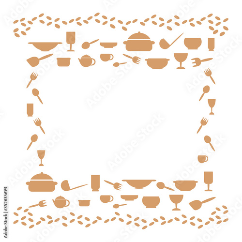Kitchen utensils, frame with space for text . Kitchen tools symbols Cutlery icons kitchen equipment . Monochrome Vector illustration in flat style