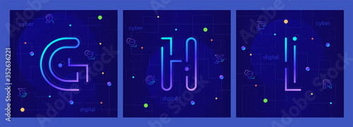 Set of three creative cyber letters G, H, I on stylish digital background. Techno modern linear alphabet