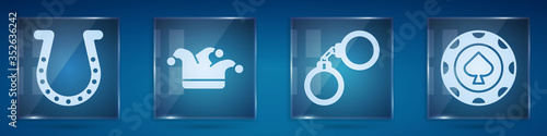 Set Horseshoe, Joker playing card, Handcuffs and Casino chips. Square glass panels. Vector.
