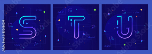 Set of three creative cyber letters S, T, U on stylish digital background. Techno modern linear alphabet