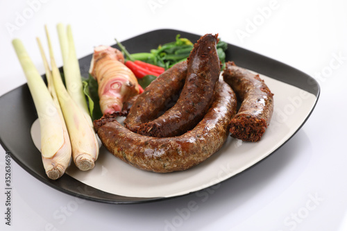 Local Northern Thai food , Northern Thai spicy sausage street food isolated in white background