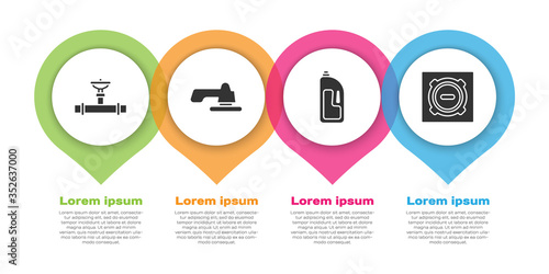 Set Industry pipe and valve, Water tap, Container with drain cleaner and Manhole sewer cover. Business infographic template. Vector.