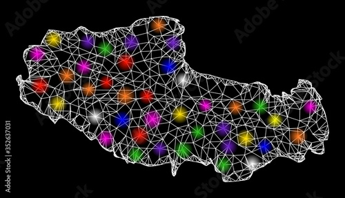 Web mesh vector map of Tibet with glare effect on a black background. Abstract lines, light spots and small circles form map of Tibet constellation.