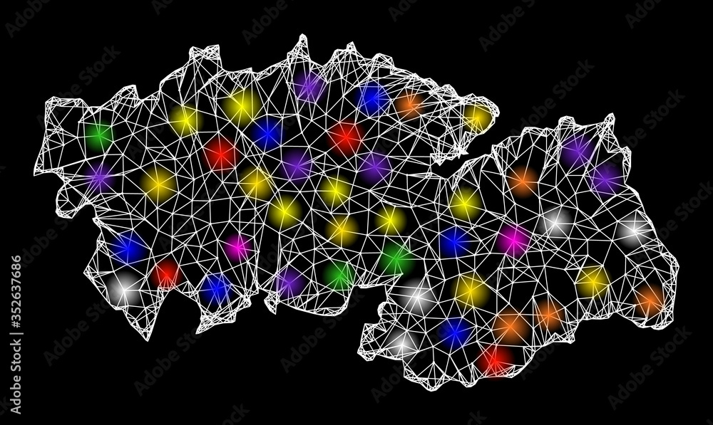 Web mesh vector map of Toledo Province with glare effect on a black background. Abstract lines, light spots and spheric points form map of Toledo Province constellation.