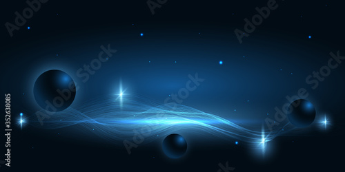 Abstract dark blue space background with planets  shiny star and sparkle effect.