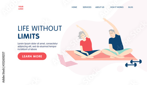 Fitness online anding page template concept. Senior couple doing fitness at home together using their laptop. Vector cartoon illustration for website or banner.
