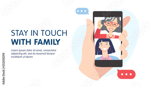 Video call banner design concept. Family with grandmother and granddaughter are having video call using the smartphone. Human hand hold device with people on screen. vector cartoon illustration