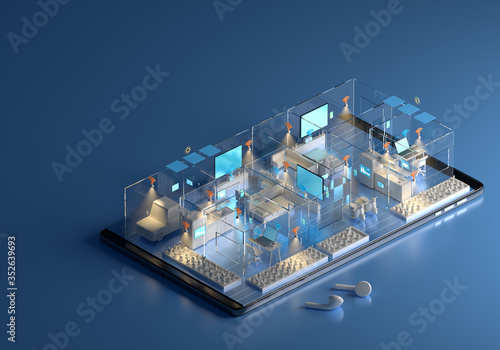 home technology system information idea concept. ecological network control house function smartphone app. lighting electric energy connection smart innovation design. automatic remote. 3d illustrator