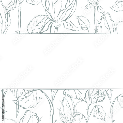 Rectangular sheet of paper on a floral backgroung. Black and white roses, leaves. Vector illustration. Use for poster, postcard, label, banner design,invitations, congratulations