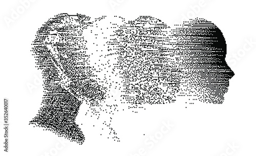 Artificial intelligence concept. Human head with glitched pixels, distorted profile of a woman made of square particles.