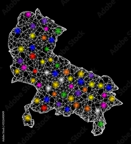 Web mesh vector map of Uttar Pradesh State with flare effect on a black background. Abstract lines, light spots and circle dots form map of Uttar Pradesh State constellation.