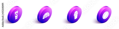 Set Isometric Sunscreen cream in tube, Scallop sea shell, Ice cream in waffle cone and Beach ball icon. Vector.
