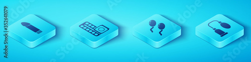 Set Isometric Dildo vibrator, Birth control pills and condom, Penis pump and Sperm icon. Vector.