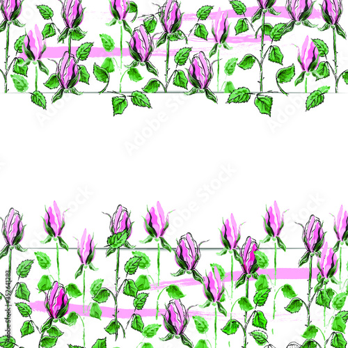 Rectangular sheet of paper on a floral backgroung. Pink roses, green leaves. Vector illustration. Use for poster, postcard, label, banner design,invitations, congratulations © hockey_mom