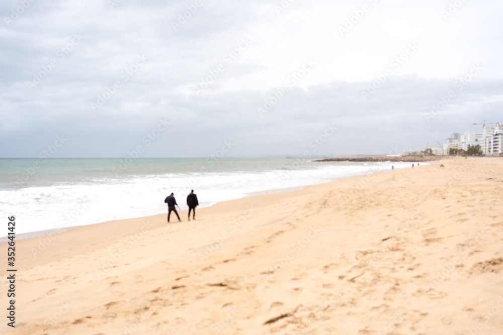 Back view of people walking on a beautiful deserted beach natural seascape cloudy sky landscape outdoors background.