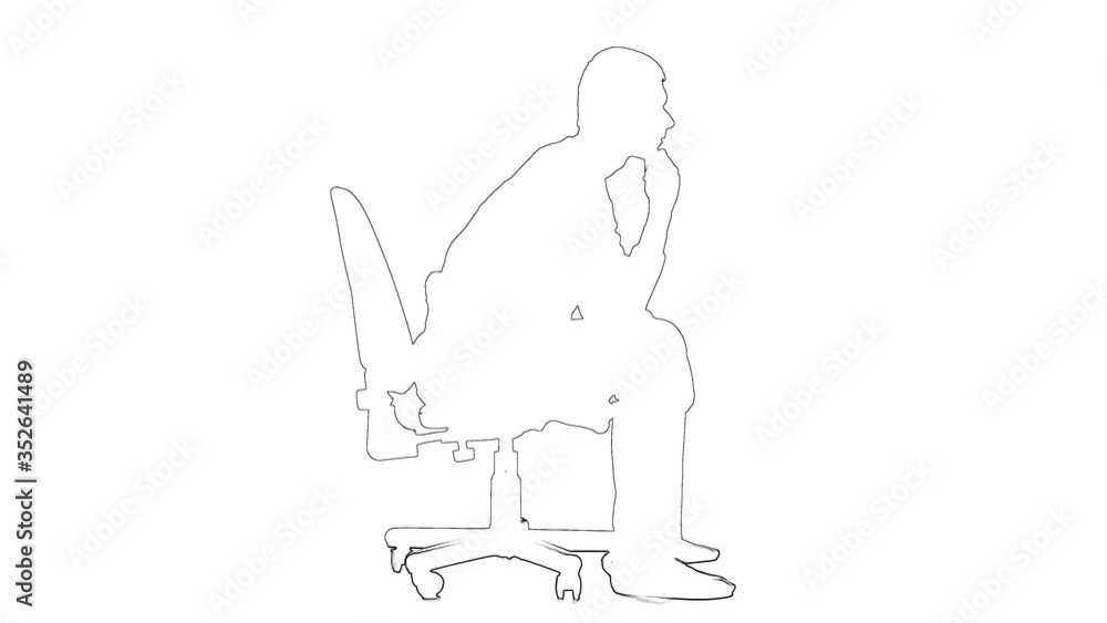 Outline sketch of man sits on a chair and thinks, reflects on ideashe is sad. Silhouette. White background Outline sketch of man sits on a chair and thinks, reflects on ideashe is sad. Silhouette. White background