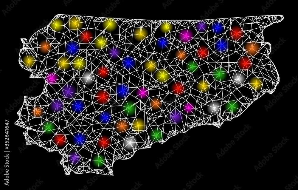 Web mesh vector map of Warmia-Masuria Province with glitter effect on a black background. Abstract lines, light spots and spheric points form map of Warmia-Masuria Province constellation. Web mesh vector map of Warmia-Masuria Province with glitter effect on a black background. Abstract lines, light spots and spheric points form map of Warmia-Masuria Province constellation.