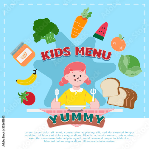 Cute colorful kids meal menu banner or poster. Cartoon vector illustration in flat style.