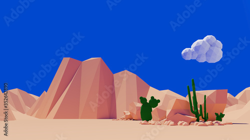 Low Poly Computer Generated rendered illustration of a Sunny Cartoon Desert Scene