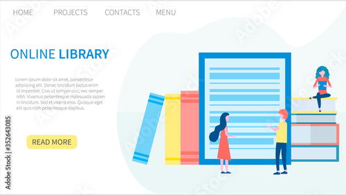 Online library, e-book, digital book store, e-reading, online learning, education concept. Landing page template. Vector illustration in flat design for web and graphic design.