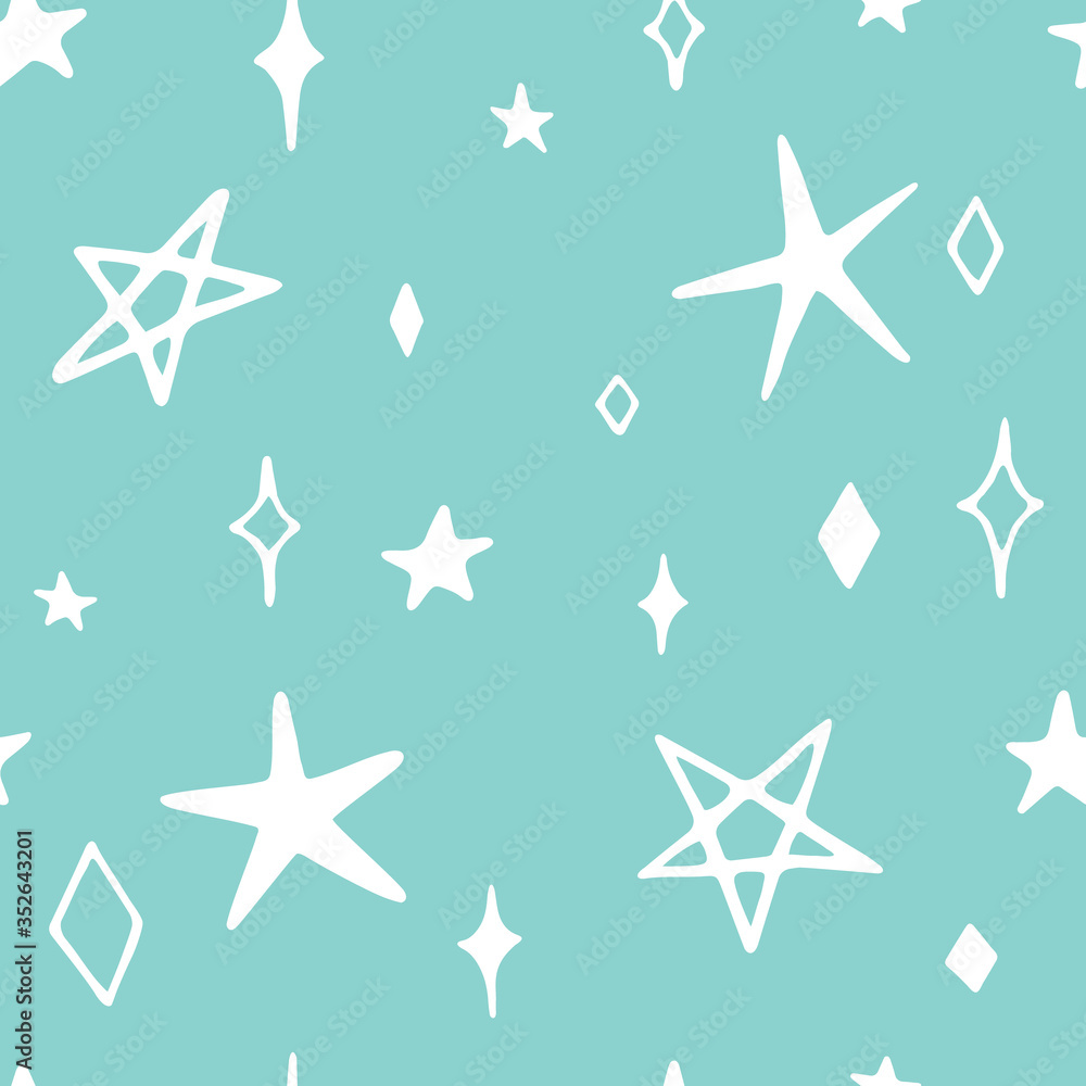 Obraz premium Vector seamless pattern with cute little stars. Hand drawn, doodle style. Design for fabric, wrapping, stationery, wallpaper, textile