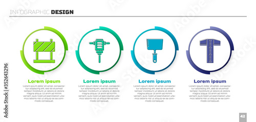 Set Road barrier, Electric rotary hammer drill, Putty knife and T-square line. Business infographic template. Vector.
