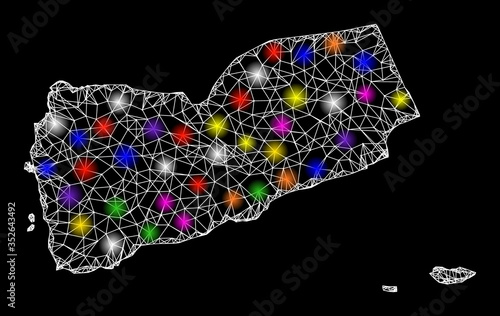 Web mesh vector map of Yemen with glare effect on a black background. Abstract lines, light spots and points form map of Yemen constellation.