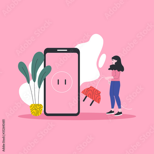 Digital detox. A young girl switch of the smartphone. Flat design. Vector illustration.
