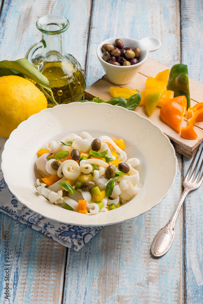 sepia salad with capsicum black olives and basil sepia salad with capsicum black olives and basil
