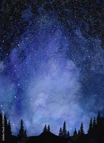 Watercolour illustration of peaceful spruce forest under colorful night starry sky. 