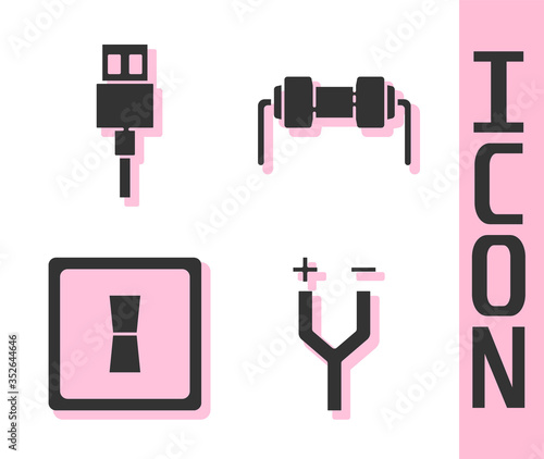 Set Electric cable, USB cable cord, Electric light switch and Resistor electricity icon. Vector.