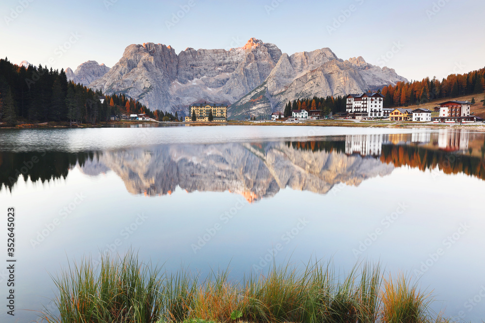 Morning light over Misurina Lake in late autumn, Dolomites, South Tyrol, Italy