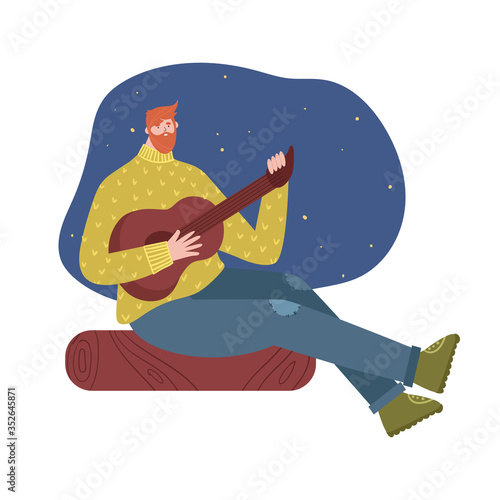 Outdoor recreation. A young man plays the guitar.Vector illustration.