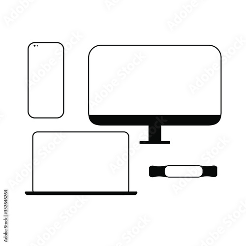 Desktop computer screen display smartphone tablet portable laptop smart watch. Gadgets for presenting visual information. Vector flat style.