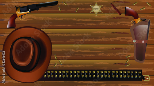 Western accessories and objects on wooden table. Vector elements, pistols, bullets with belt, sheriff star cigar and cowboy hat.