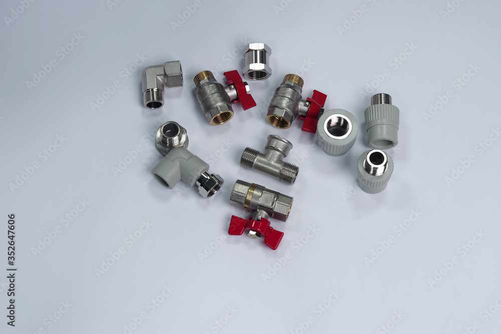 Completing for water supply and heating systems. Shut-off valves, ball valves and PPR fittings. Illustration for advertising, booklets or shop windows. Completing for water supply and heating systems. Shut-off valves, ball valves and PPR fittings. Illustration for advertising, booklets or shop windows.
