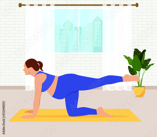 Pregnant women doing workout in living room.
Prenatal exercise.Sport exercise at home. Yoga and fitness, healthy lifestyle. Vector Flat illustration