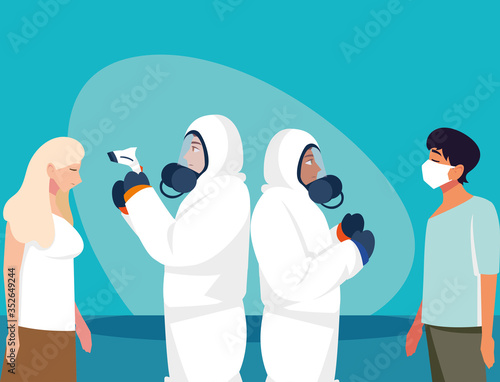 Doctors checking people temperature vector design