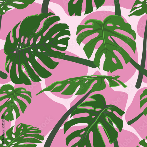 Seamless abstract pattern with different shapes and beautiful tropical leaves of the Monstera plant.